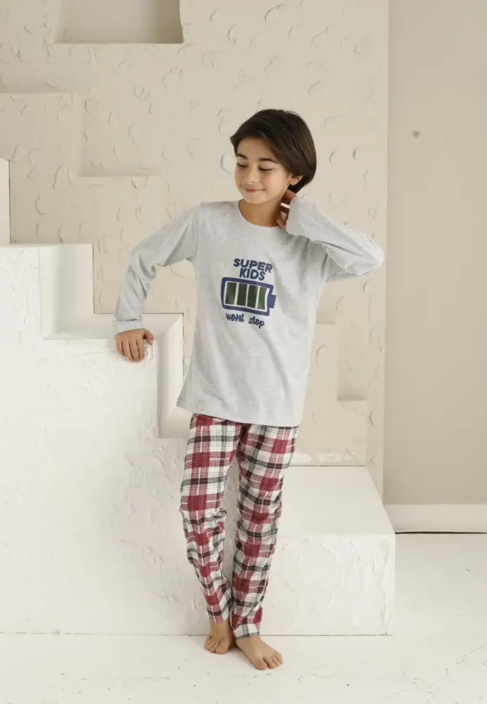 Pijama Băieți, Mânecă Lungă si Pantaloni Lungi, Imprimeu Super Kids,Culoare Gri,Engros
